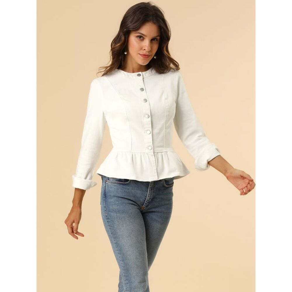 Women's Peplum Denim Jackets Collarless Round Neck White - Picture 4 of 6